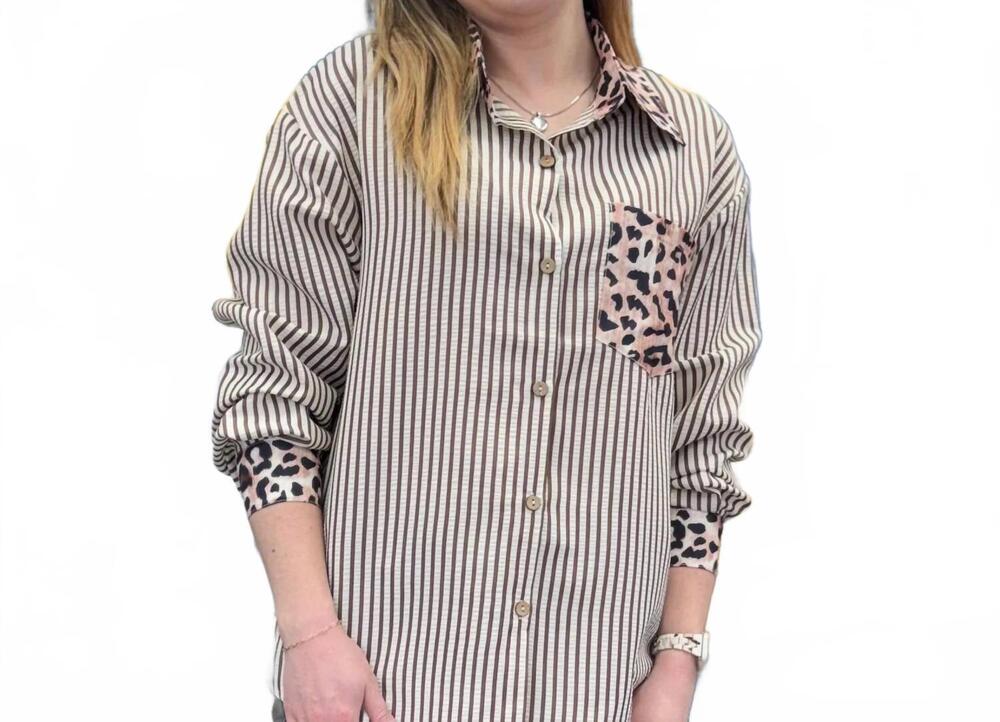 NEW ROSA CLOTHING chic style leopard and striped patchwork shirt in multi